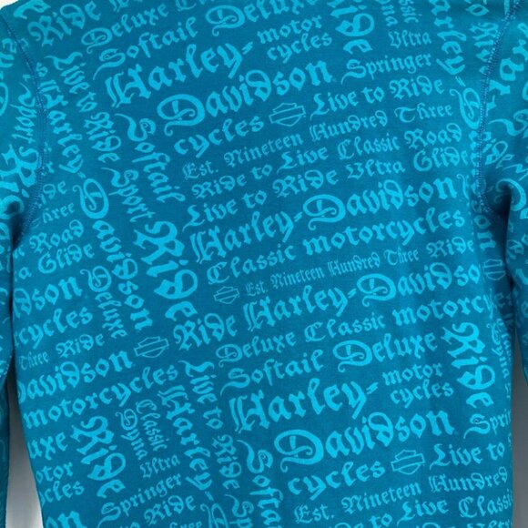 Harley Davidson  Bright Teal Blue All Over Text zipper front Hoodie size SP - Picture 6 of 15